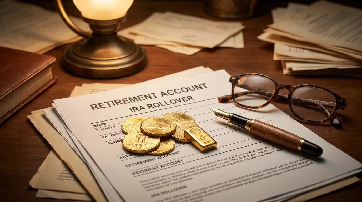 Gold IRA rollover paperwork on a desk