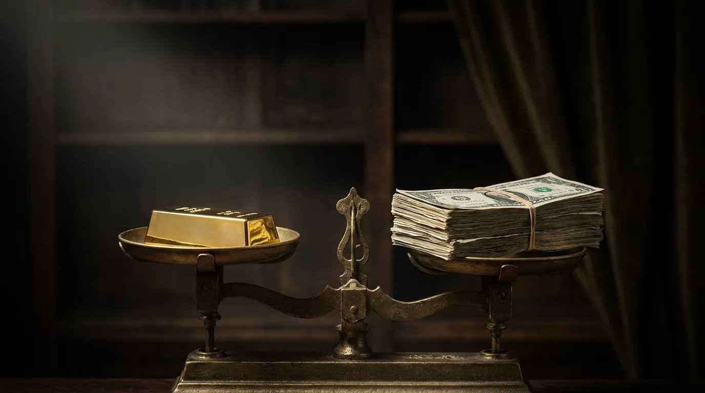 A balance scale weighing gold