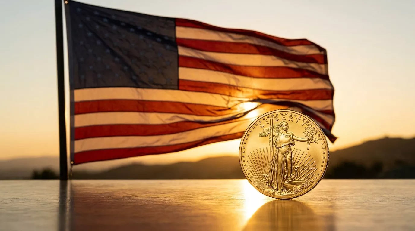 Waving American flag with a gold eagle coin
