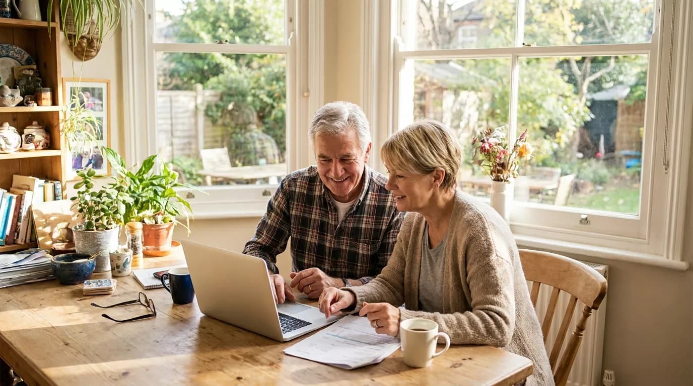A retired American couple reviewing their savings